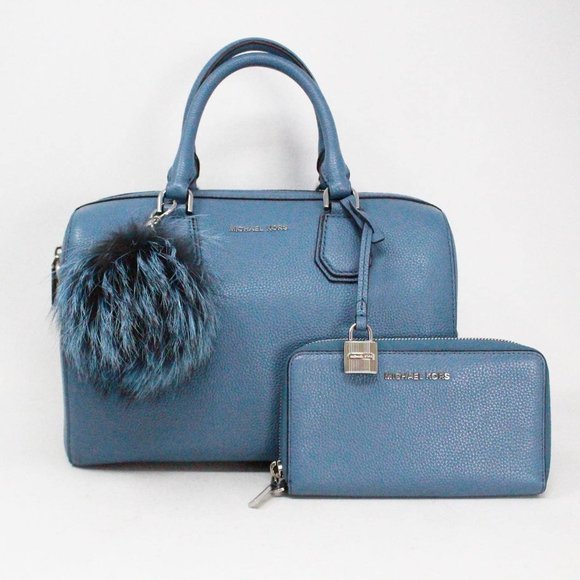 MICHAEL KORS #40188 Mercer Medium Blue Leather Duffle Bag with Matching Wallet